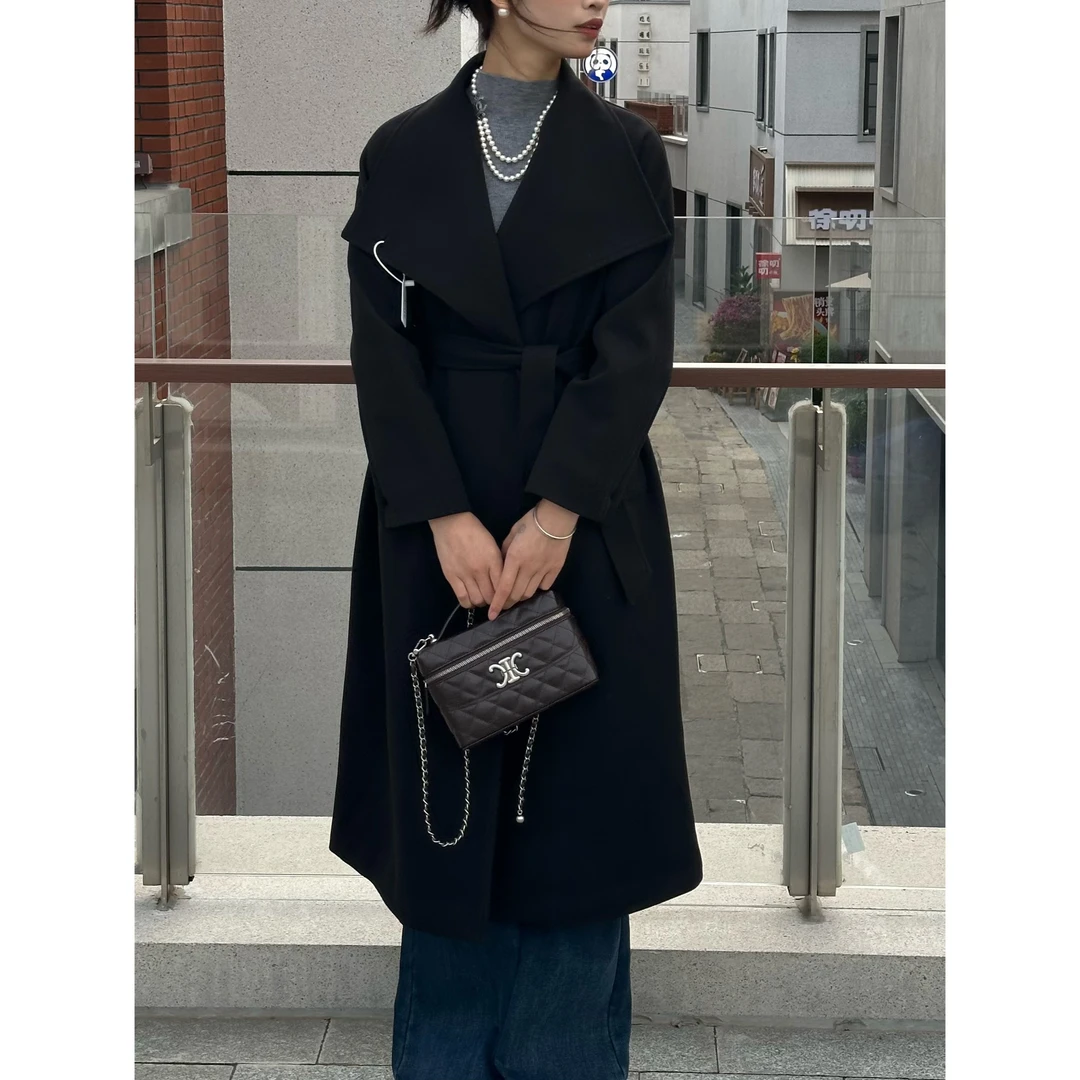 2025冬新款气质大翻领呢子加棉长款双面呢大衣韩系收腰显瘦洋气