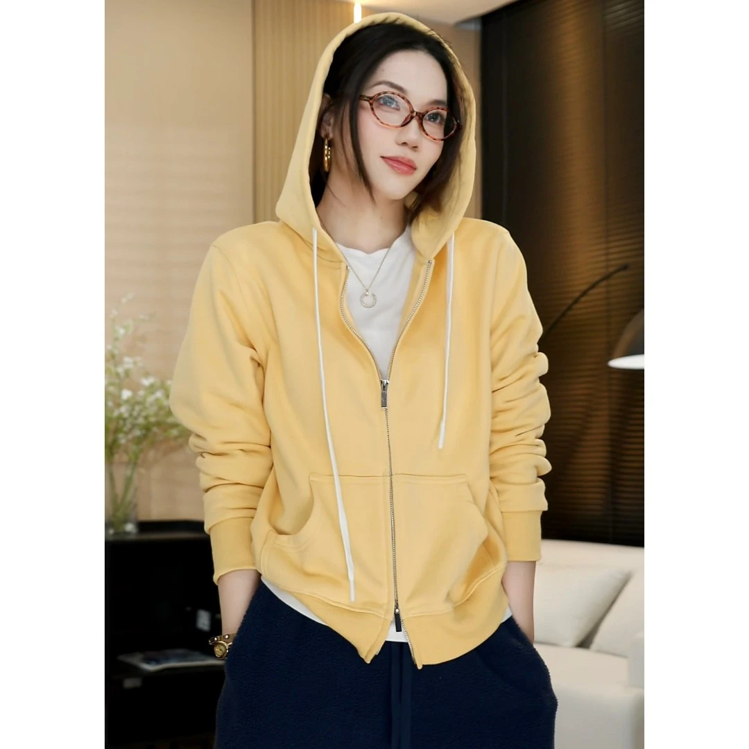 【胡洛一】开衫连帽卫衣新款修身拉链上衣黄色短款春秋外套-CK994
