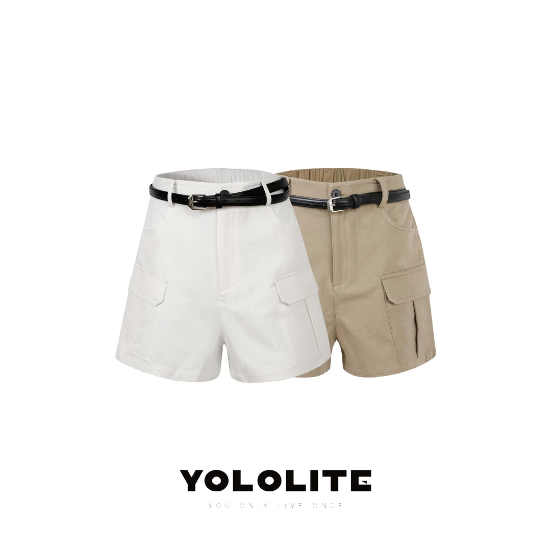 YOLOLITE【心愿】2914夏季新款纯棉带腰带韩版休闲工装风高腰短裤
