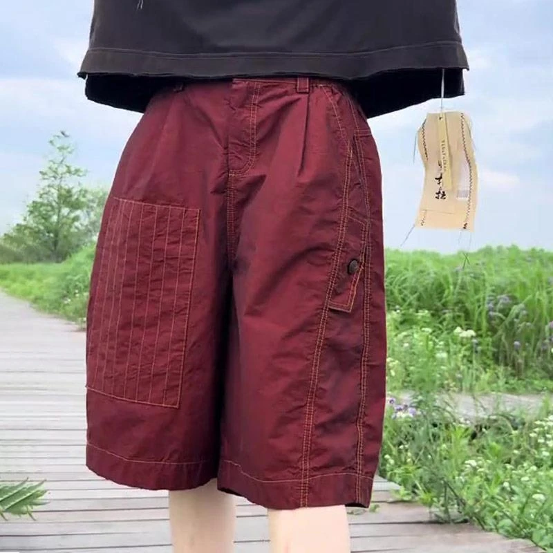 2025夏季新款女士韩版酒红色补丁短裤时尚百搭休闲运动阔腿裤子潮