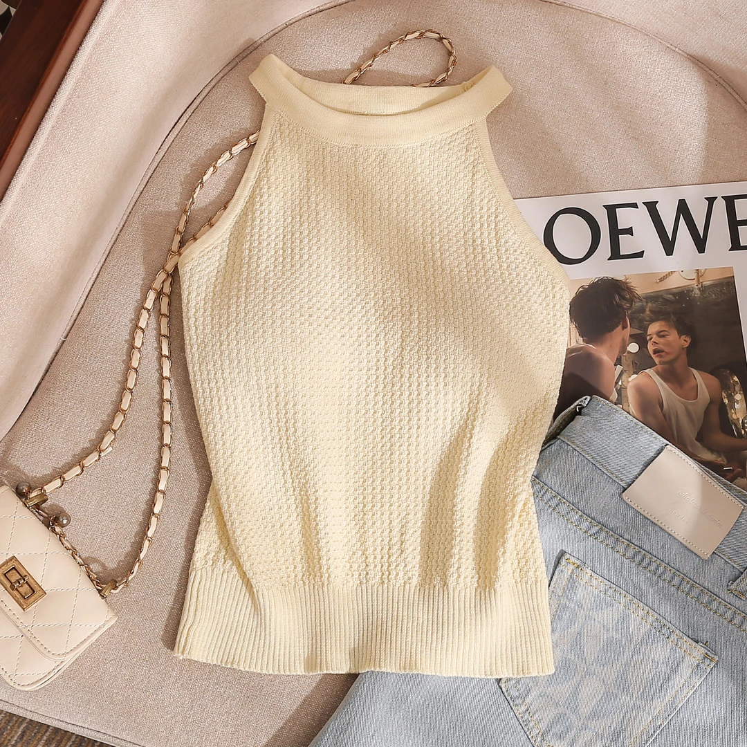 法式辣妹针织挂脖吊带背心女夏外穿性感修身显瘦露肩短款无袖上衣