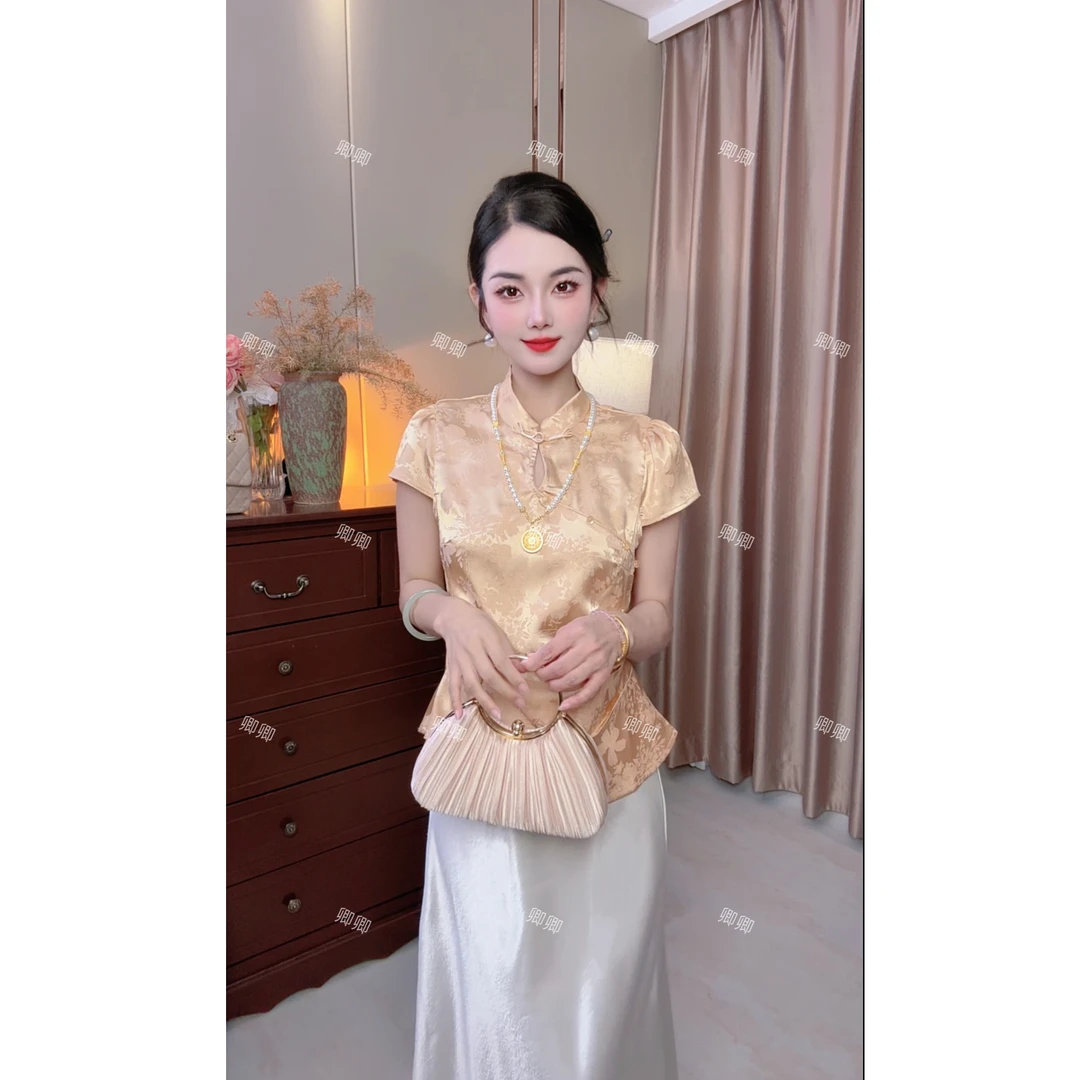 【畅畅】知否新中式显瘦上衣鎏金缎面显瘦松紧包臀鱼尾裙套装