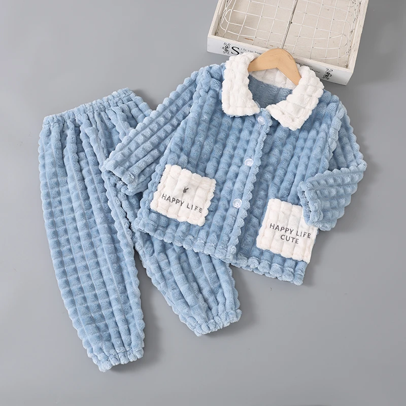 秋冬季法兰绒睡衣儿童男童女童珊瑚绒男童宝宝拉链款家居服套装