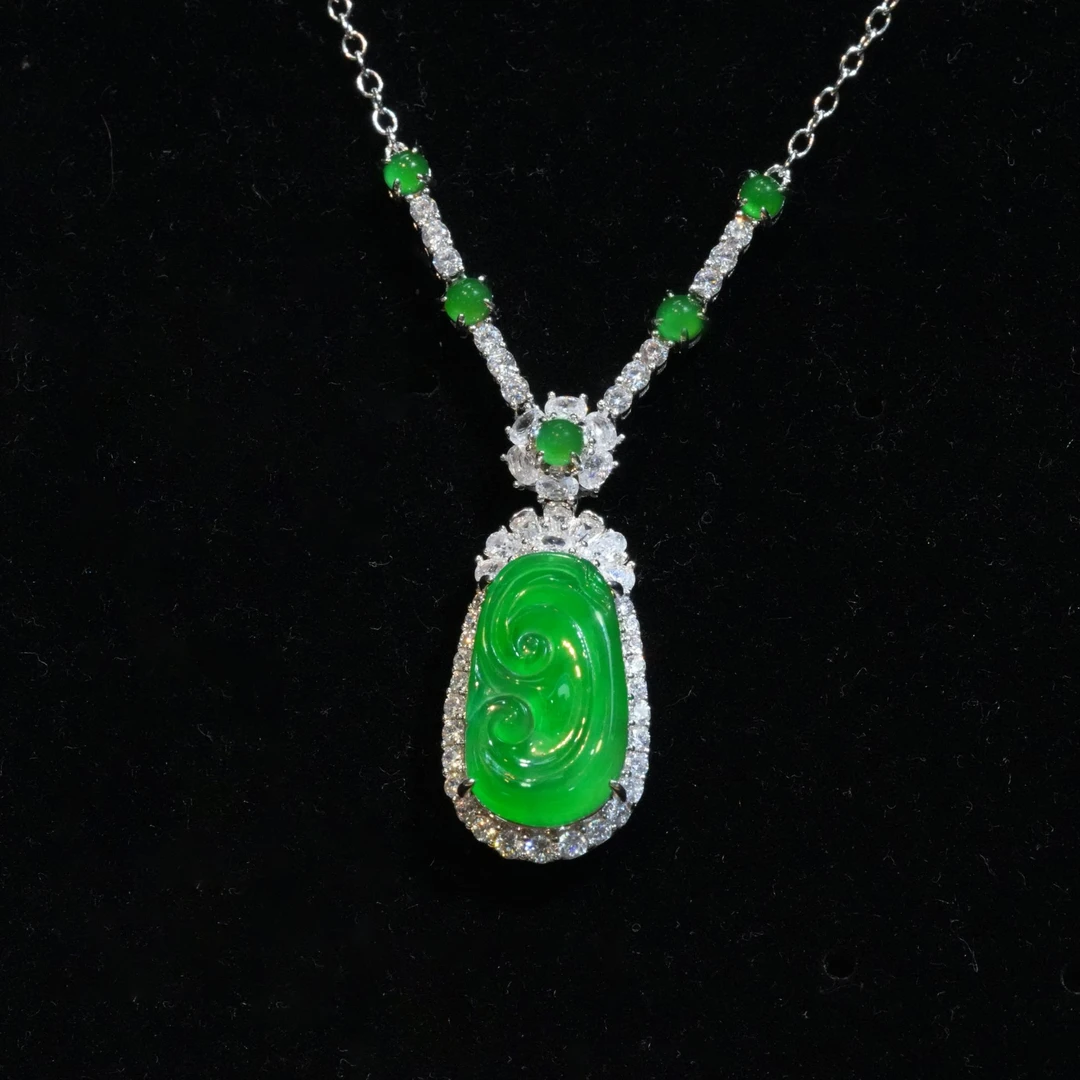 天然A货翡翠如意套链项链(多样性发一套)妈妈气质绿色镶嵌满绿