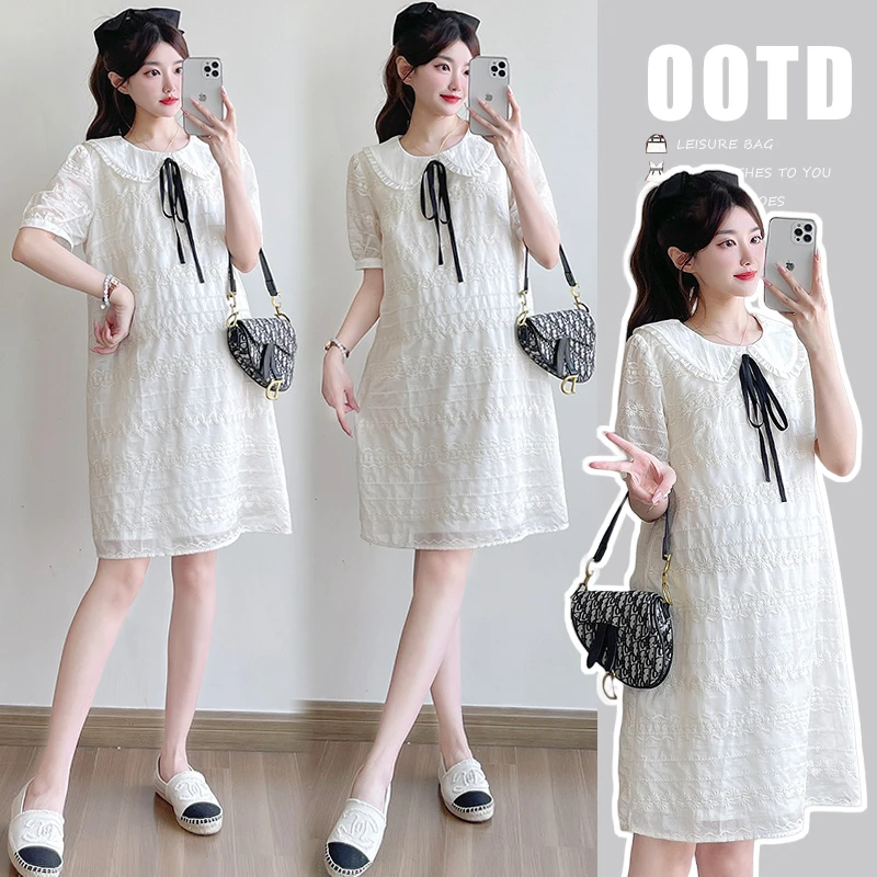 时髦孕妇装新款2025夏季新款法式甜美可爱白色娃娃领小个子连衣裙