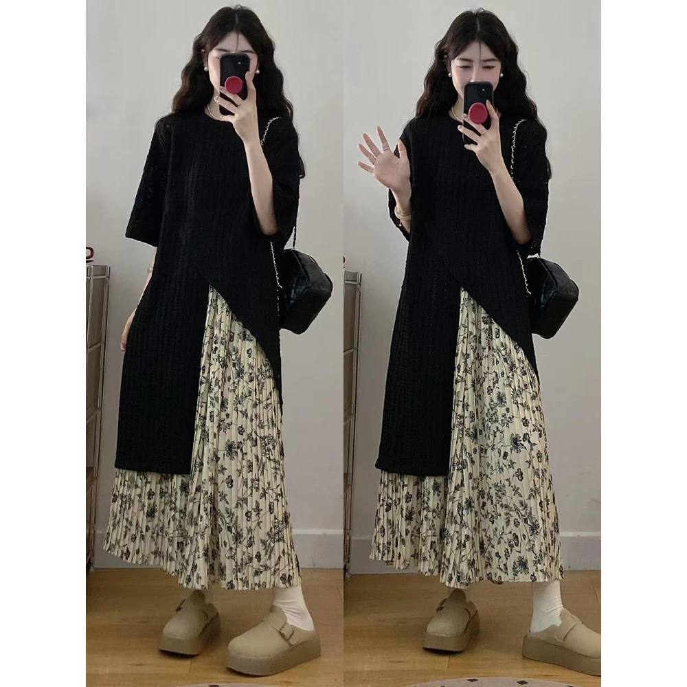 【小曹大码】女装不规则T恤+压褶阔腿裤两件套-QXDM1939