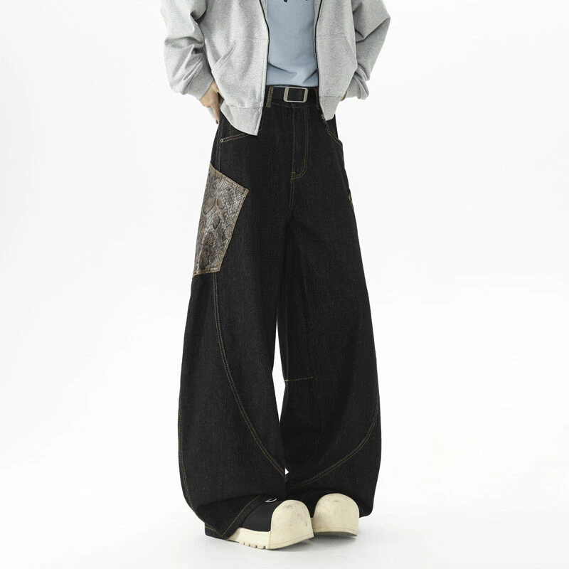 蛇纹口袋拼接弯刀牛仔裤男生2025春秋美式复古潮牌拖地阔腿工装裤