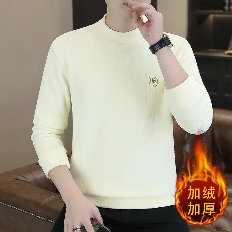提花双面绒卫衣男加绒加厚冬季新款奥粒绒保暖内搭长袖套头打底衫