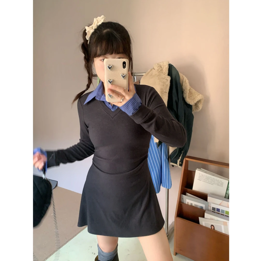 【现货】米米子定制假两件衬衫针织裙气质女装春秋韩版polo领连衣裙