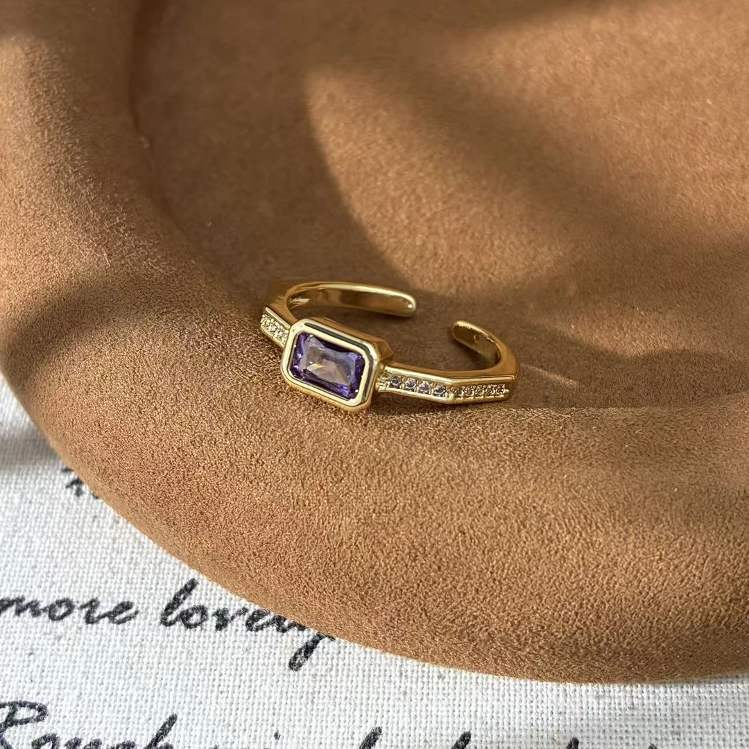 铜合金锆石戒指  远远（YY994）镀k开口轻奢简约镶嵌紫色