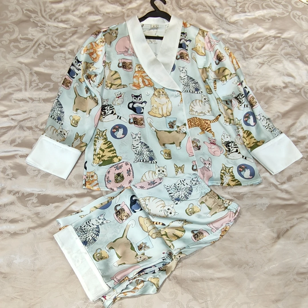 可爱猫咪真丝睡衣套装T2048