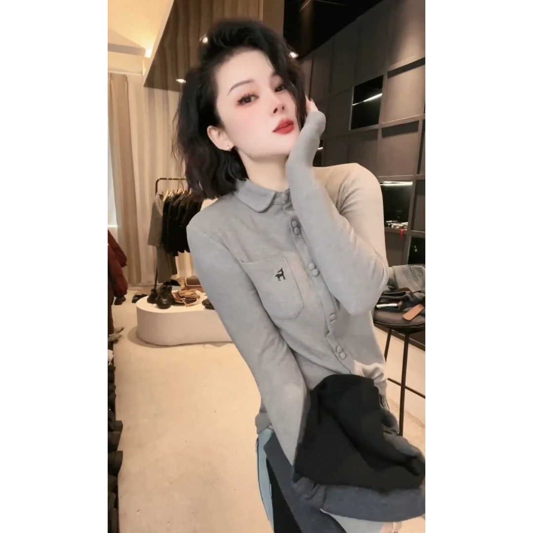 时尚秋冬新款POLO领长袖T恤打底衫女2025百搭设计感刺绣上衣