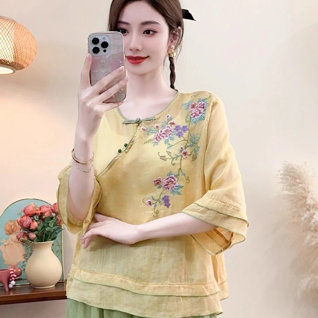 显瘦七分袖宽松型常规圆领衬衫中国风上衣时尚民族风气质夏季中式