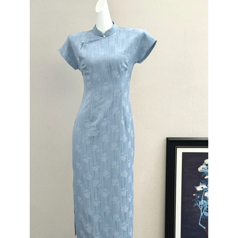 淡香）116cm夏季新款新中式蓝色复古日常老上海苏州旗袍