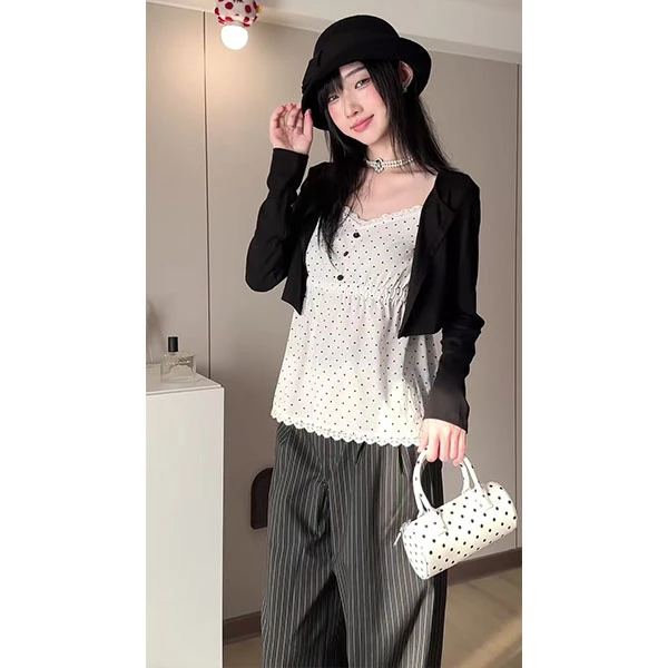 韩系波点蕾丝花边长袖女早秋季时尚假两件V领开衫上衣+裤子两件套