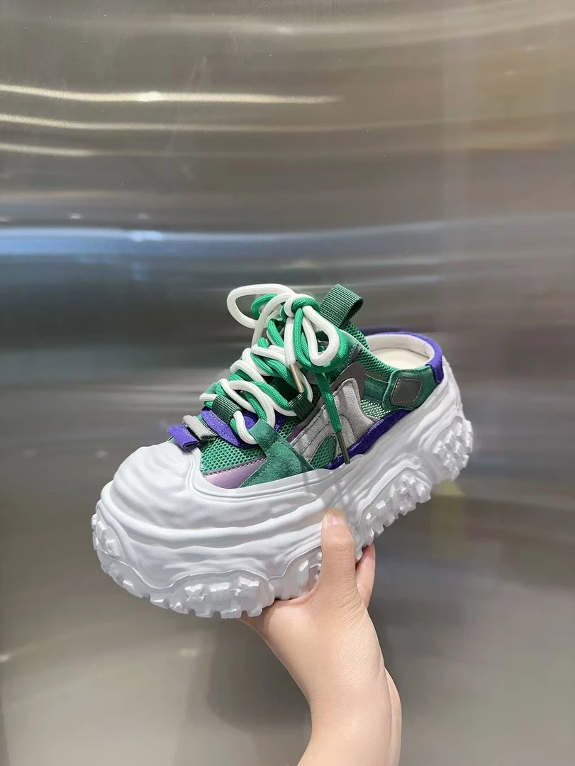 清风踏浪半拖6cm拼接休闲风胶粘夏季薄款网面运动拖鞋