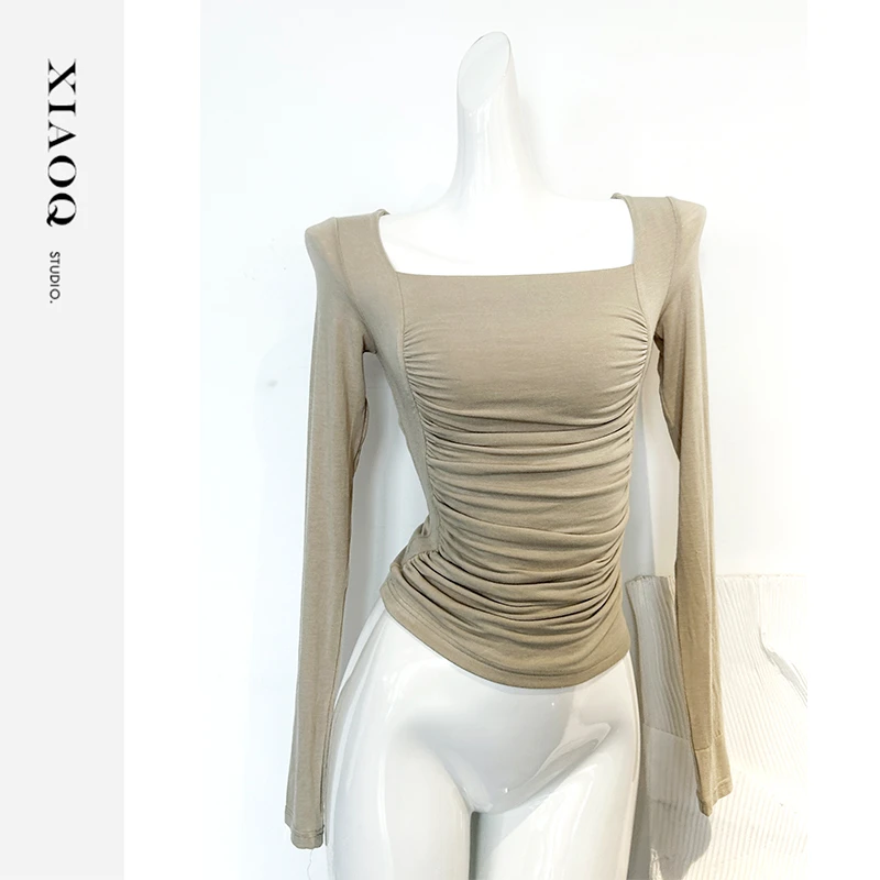 【小Q家】79361方领褶皱收腰显瘦T恤