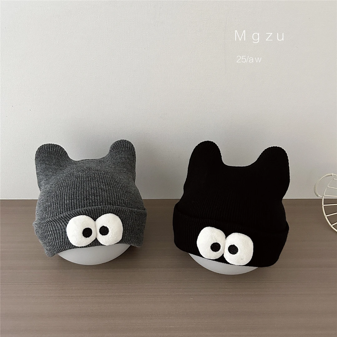 婴儿帽子秋冬款针织帽男童可爱眼睛套头帽冬季男女宝宝保暖毛线帽