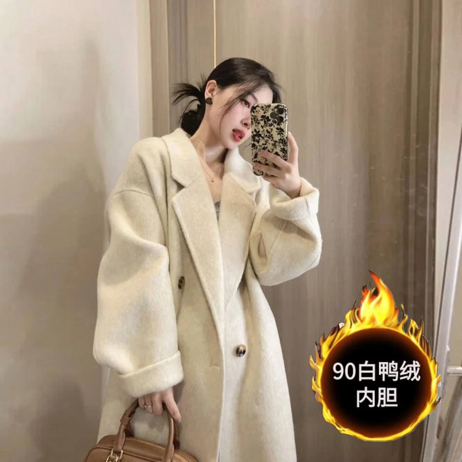 2025冬季羽绒服内胆双面绒呢子外套女ins加绒加厚赫本风毛呢大衣