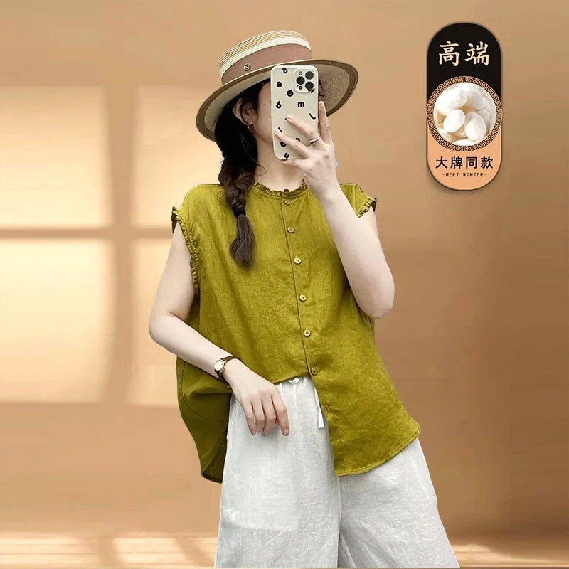 夏季时尚新款复古洋气上衣亚麻纯色飞飞袖衬衫圆领上衣小众女装