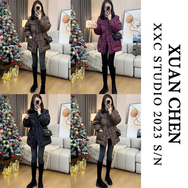 【寒江雪】休闲中长款白鸭绒坎肩抽绳收腰立领小个子羽绒服#2360