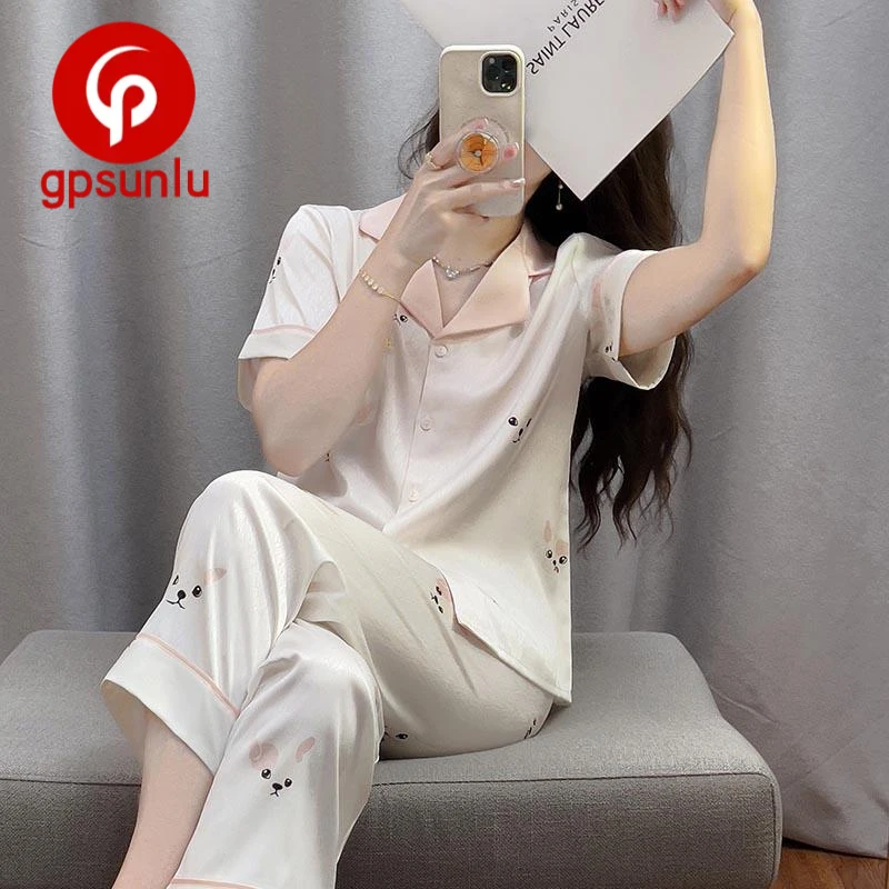 GPSUNLU提花卡通印花睡衣女夏短袖长裤甜美可外穿高级感家居服