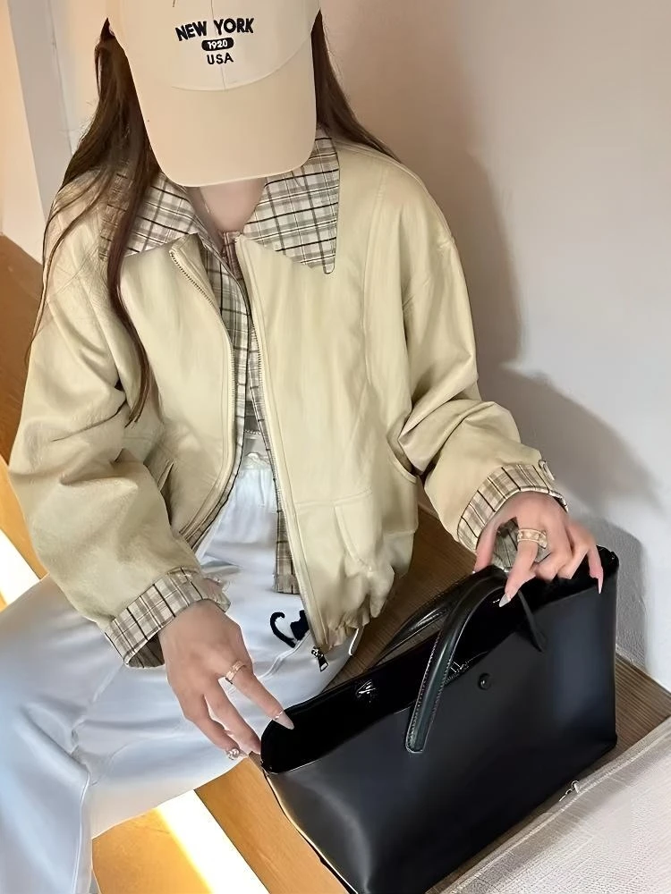 801-m格子拼接短款工装外套春款2025新款休闲美式夹克时尚百搭