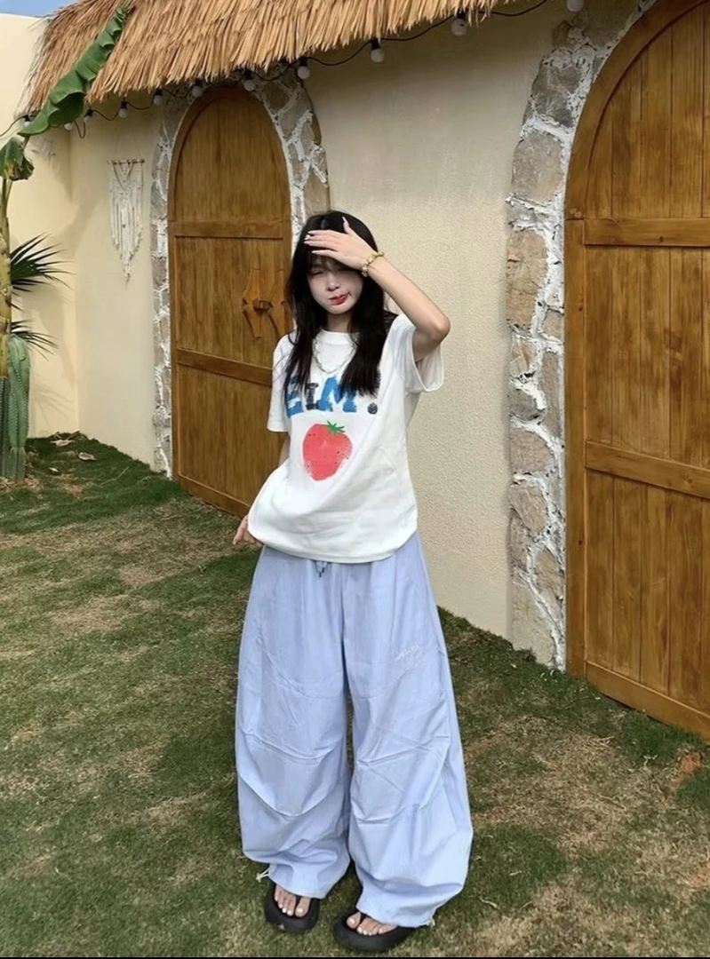 【趣味草莓】纯棉简约字母印花正肩短袖女显瘦宽松休闲百搭上衣chic