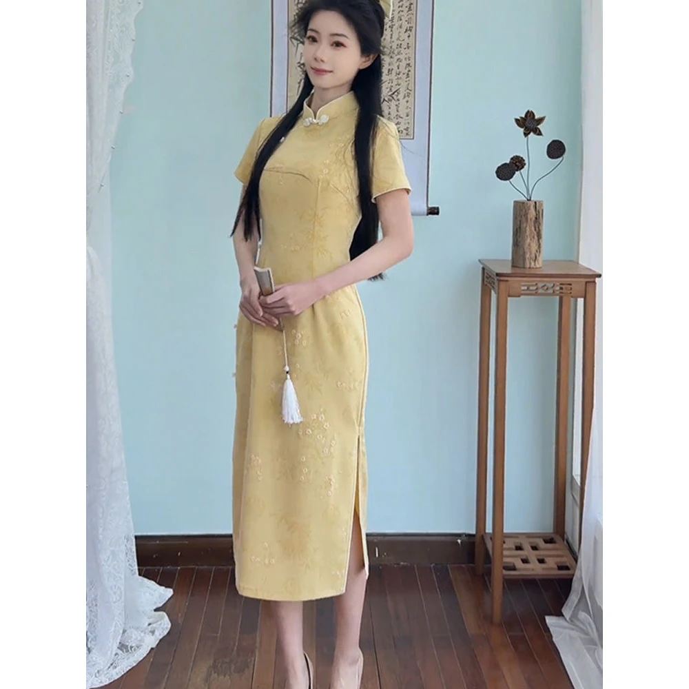2025新款夏季新中式黄色旗袍女高级感小个子女日常年轻款高考日常