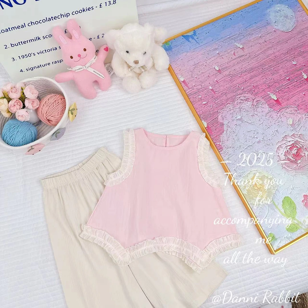 2024新款夏装时髦休闲洋气花边无袖女童套装 D-AB306