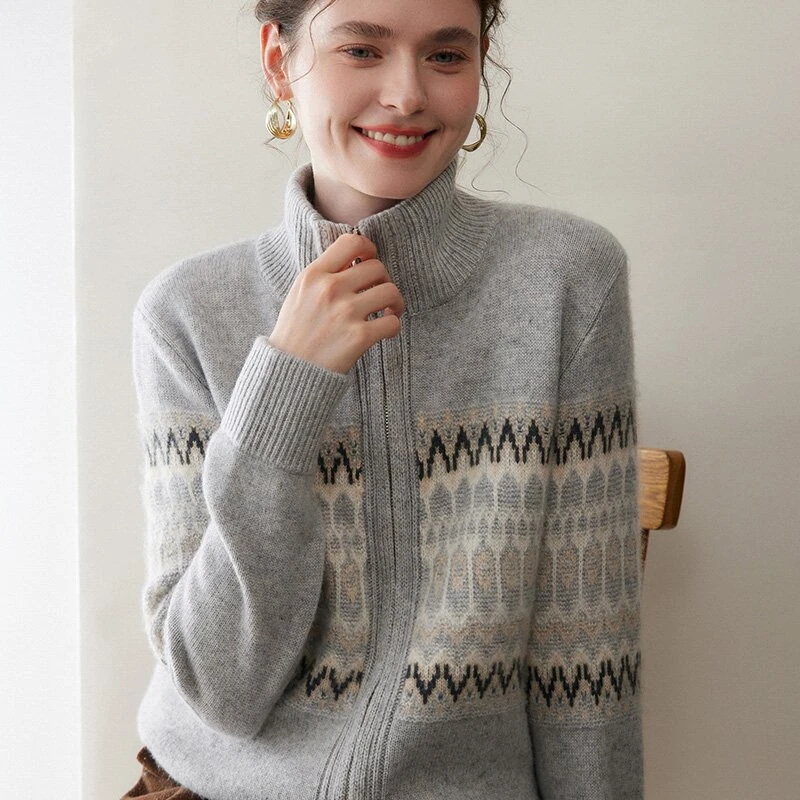 秋冬新款翻领羊绒衫双拉链加厚开衫简约提花针织衫毛衣女外套上衣