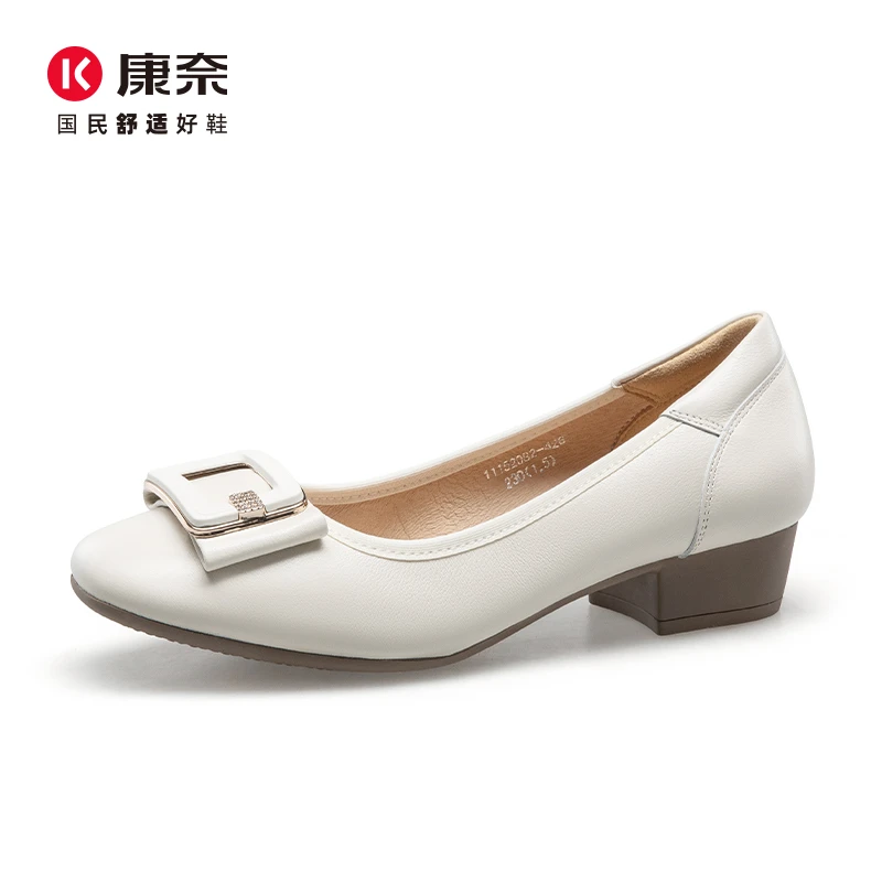 Kangnai/康奈52082专柜正品2025春时尚浅口牛皮方头大码粗跟女鞋