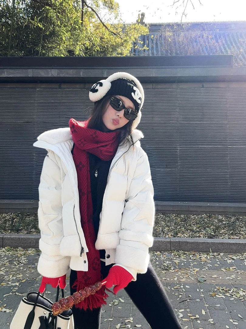 【冬日恋岛】冬季新款休闲简约百搭拼接毛领白鹅绒外套