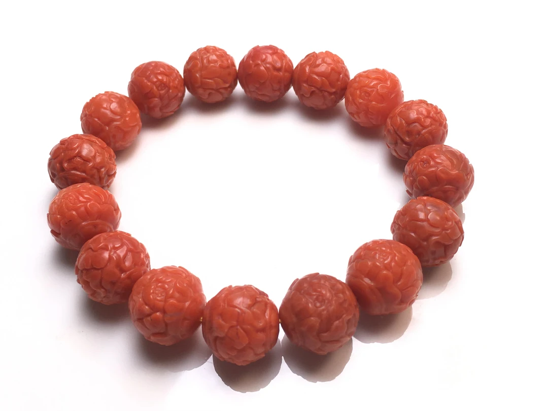 云南保山南红花开富贵手串 精工雕刻 卡13尺寸 满色满肉 柿子红