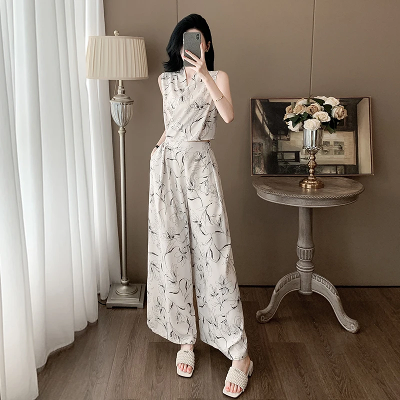 御姐轻熟风休闲时尚套装女夏季高端气质短款无袖上衣阔腿裤两件套