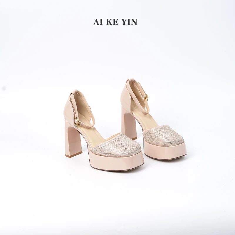 【艾珂茵】春夏季新款方头防水台气质百搭中空一字带方根高跟鞋