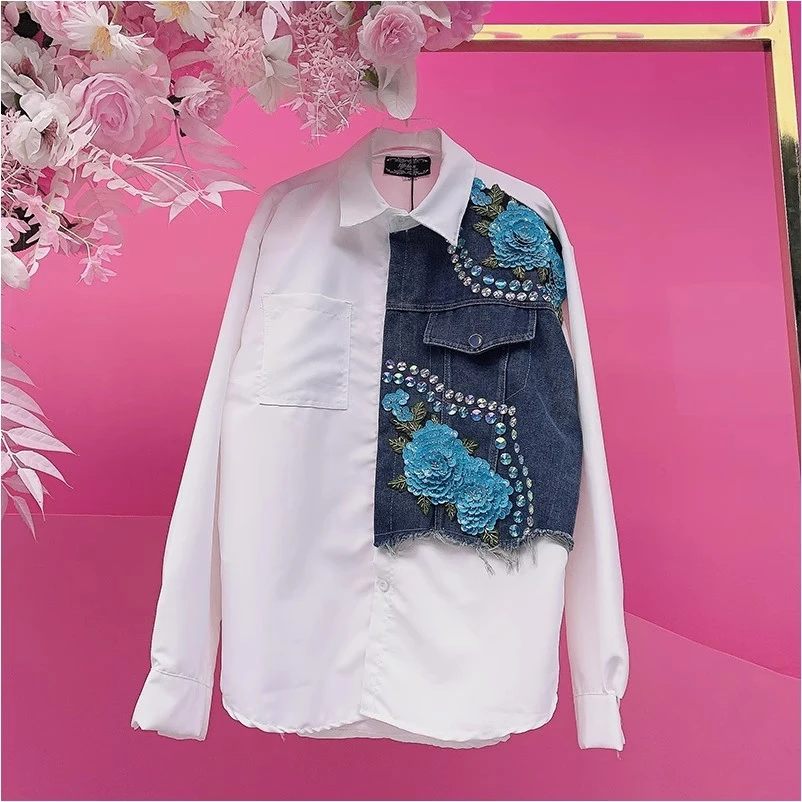 XX1344 欧美风设计师2024夏季重工钉钻刺绣亮片花朵时尚拼接衬衫