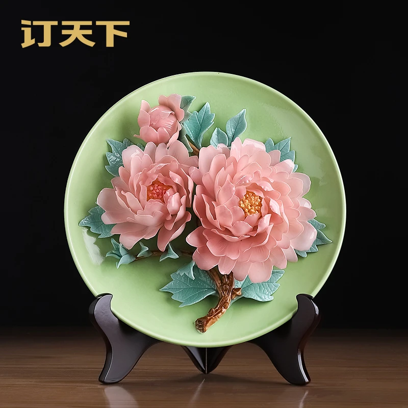 《花开富贵》非遗陶瓷花牡丹花挂盘摆件中式客厅酒柜装饰品乔迁送礼