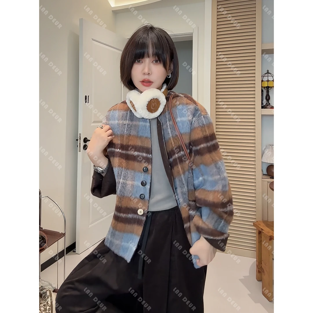 【一抹焦糖】羊毛+羊驼毛两面穿韩系气质时尚圆领格子毛呢外套女