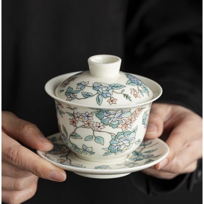 白瓷珐琅彩三才盖碗家用功夫茶具陶瓷泡茶碗单个5457