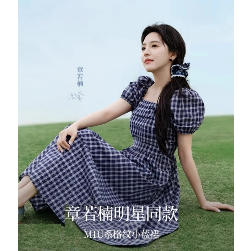 章若楠同款|法式方领格子连衣裙女2025年夏季新款泡泡袖裙子