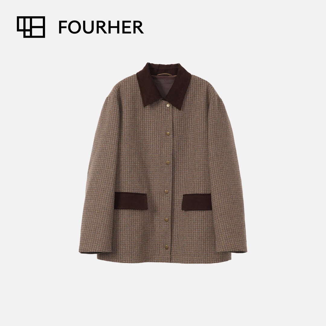 FOURHER 日晒椰壳 撞色翻领 毛呢夹棉 真两件 可拆卸棉服外套