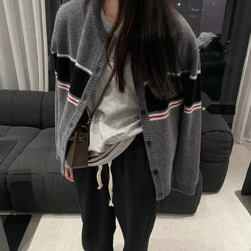 秋冬韩系圆领羊绒开衫女宽松显瘦拼色条纹毛衣外套羊毛衫百搭软糯