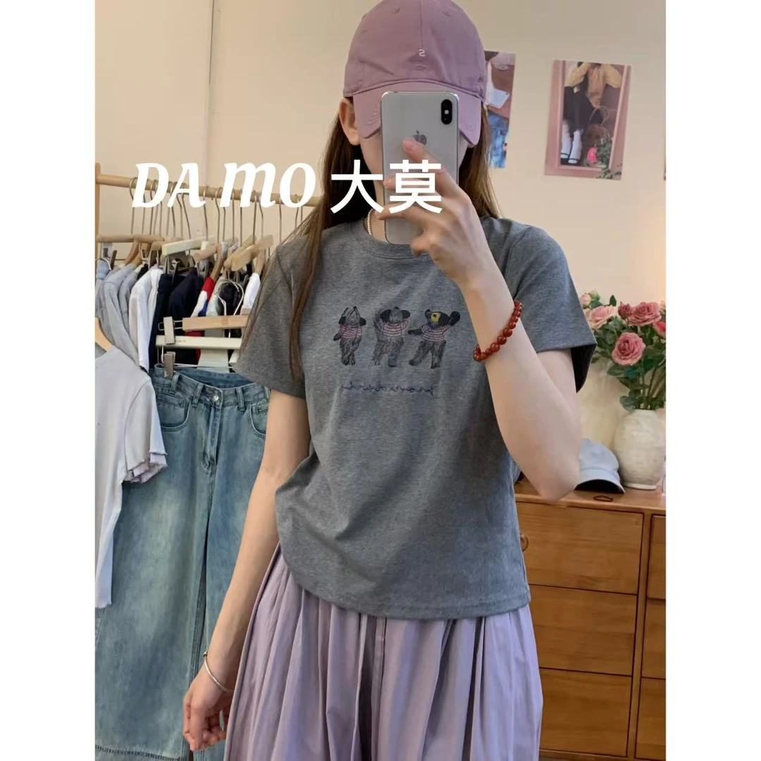 （三只小毛熊）棉短袖T恤女2025夏日短款正肩上衣服428