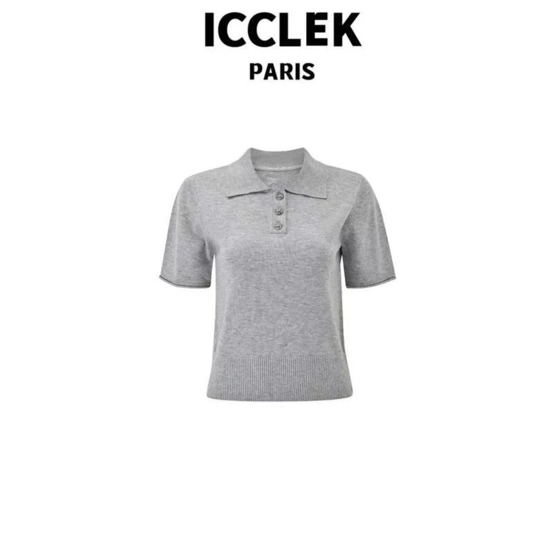 ICCLEK  灰色翻领针织短袖 夏季 - 休闲  百搭  5236