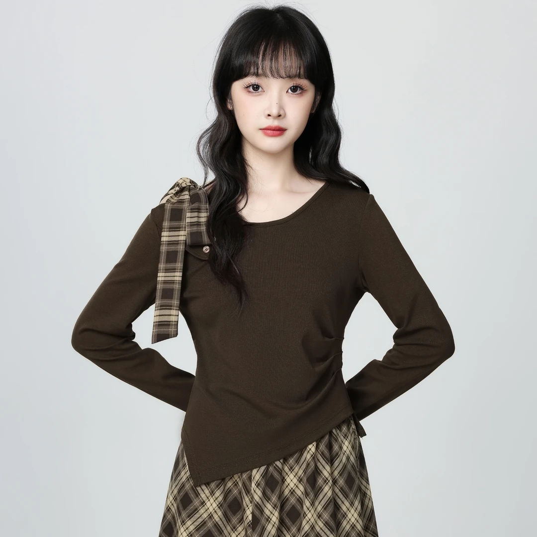 咖色不规则长袖T恤女秋2025春秋新款格纹蝴蝶结系带体恤短款上衣