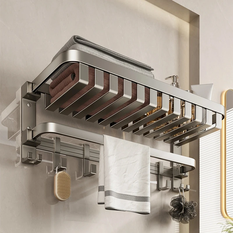 高品质卫生间免打孔壁挂浴巾架加固毛巾架太空铝洗澡间置物架一体