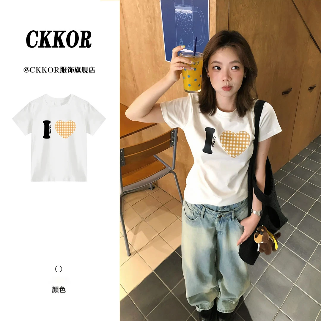 CKKOR夏季新款字母印花短袖女t恤修身高腰休闲法式小众高级感上衣