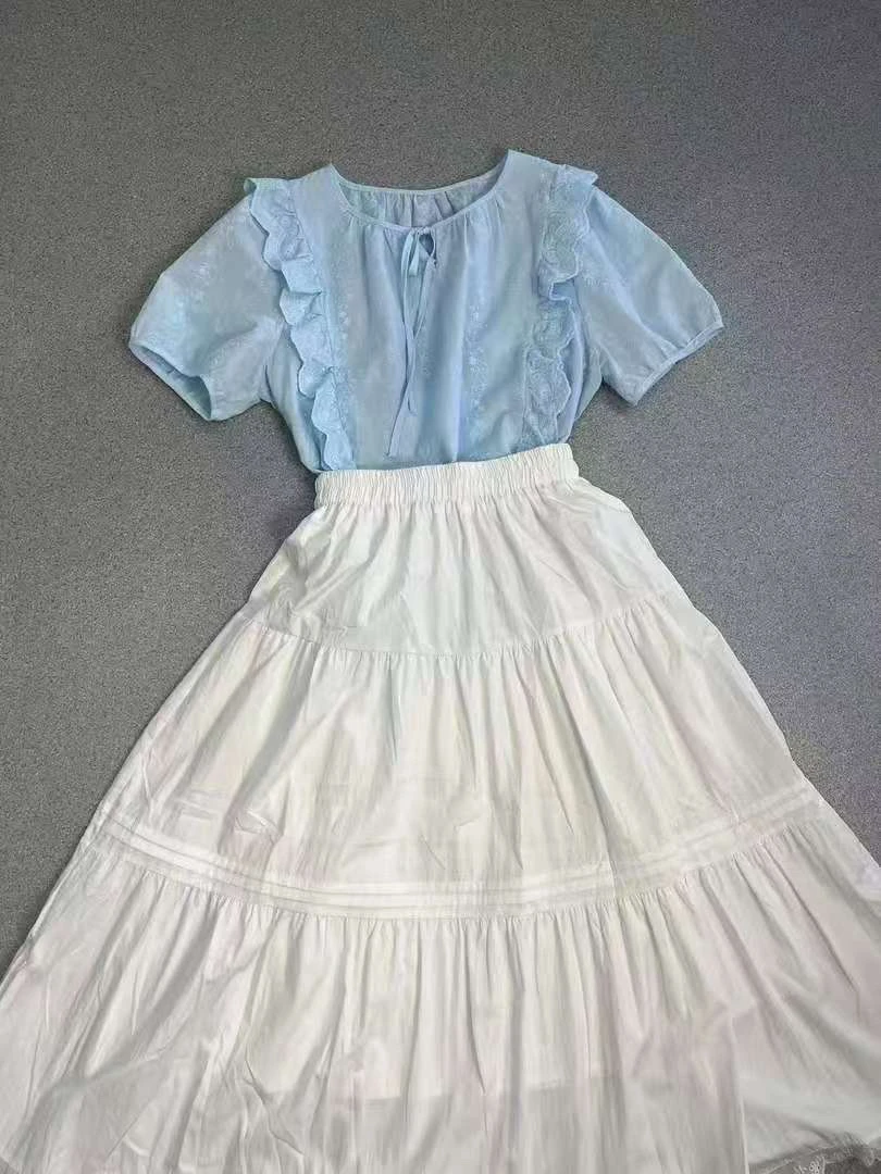 蓝色蕾丝夏季宽松版短T