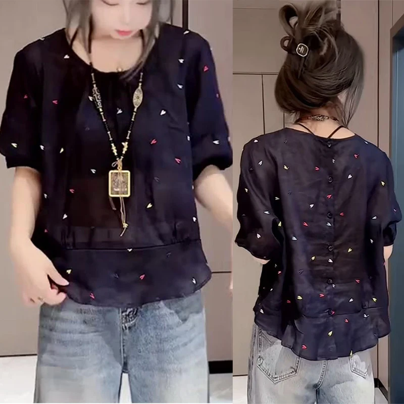 藏蓝色爱心印花雪纺衫女2025夏季新款爆款洋气设计感短袖T恤上衣